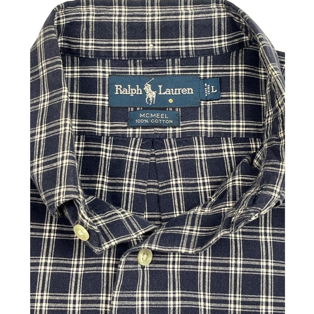 Ralph Lauren EUC Button Down Men's L Navy Plaid McNeel Cotton Long Sleeve - Picture 5 of 11